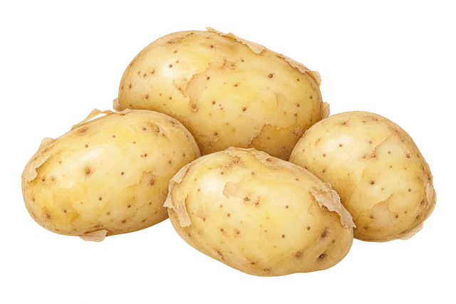 Illustration de quatre pommes de terre claires à peau fine qui pèle par endroits ; variété non identifiée