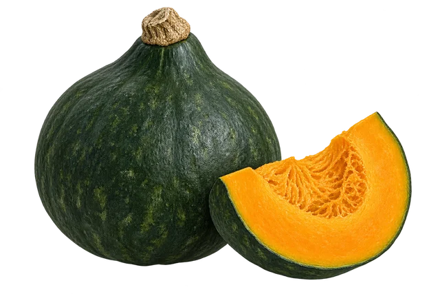 Illustration d'un potimarron à peau vert foncé et d'un quartier montrant une chair orange ; cultivar non certifié