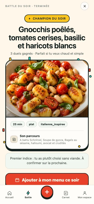 L’écran actuel du champion avec sa recette et les commandes pour le garder ou l’ajouter volontairement au menu.