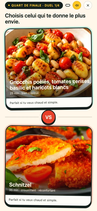 Un vrai duel dans Chifoumiam : deux photos de plats et la progression de la battle.